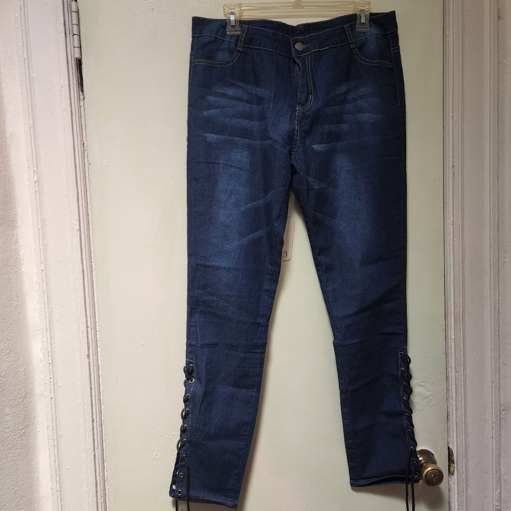 Lace Up Jeans for Women - High Waisted Skinny Stretch Denim Ankle Jeans. 3XL/34